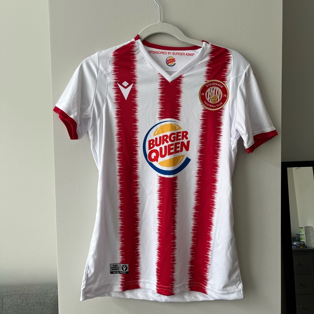 Limited edition Stevenage FC Burger Queen kit jersey